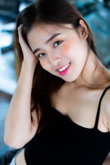 Portrait charming beautiful woman. Attractive beautiful sexy girl feel relax, happy with smiley face. Glamour woman has beautiful face, nice skin. Asia woman has good health, look after herself well