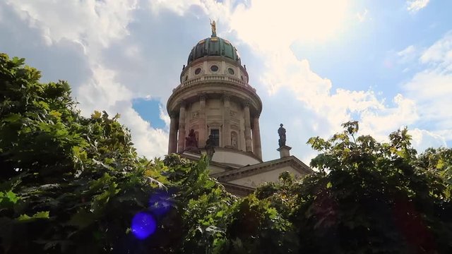 Beautiful view of the domed tower of the French Cathedral on Gendarmenmarkt at sunlight. Berlin Germany. Flat plane