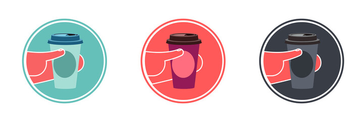 Disposable coffee cup in hand. Simple icon set of coffee cup in the hand. Coffee cup in line art graphic. Icon of coffee mug isolated on a black, red, blue circle. Vector Flat Illustration