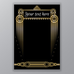 Art Deco page template, gatsby style for web and print, circles pattern with golden lines. Modern design for menu or flyer, luxury gentel 