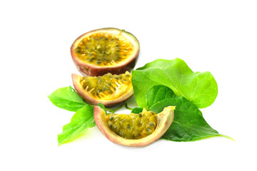 Fresh yellow passion fruit Cut half isolate on white
