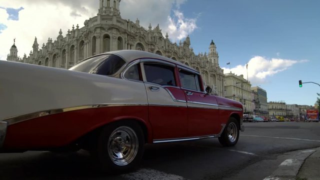 Row of classic american 1950s cars on the street in Havana, Cuba, low angle view