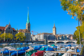 Fototapeta premium Zurich, Switzerland - Oct 13, 2018 : Beautiful view of historic city center on a sunny day with blue sky and clouds in summer.