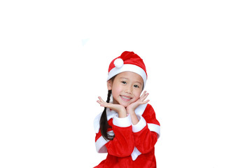 Happy child girl in Santa costume dress with copy space on white background. Merry Christmas and Happy New Year Concept.
