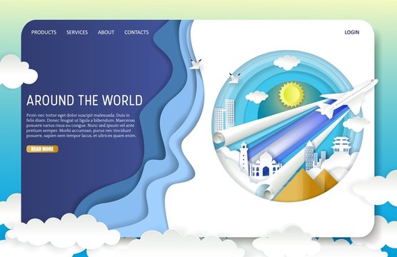 Vector paper cut travel landing page website template