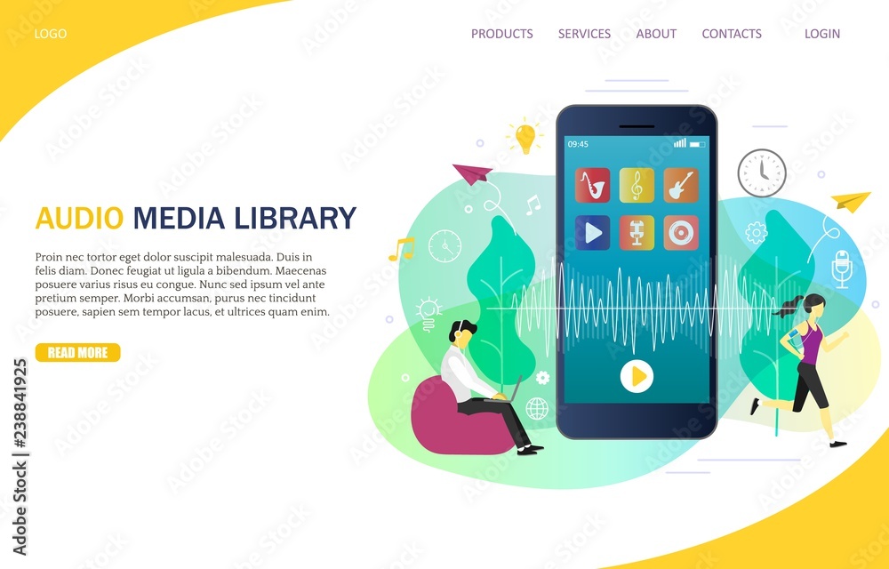 Poster audio media library landing page website vector template