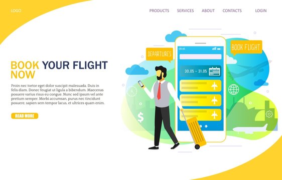 Book flight online landing page website vector template