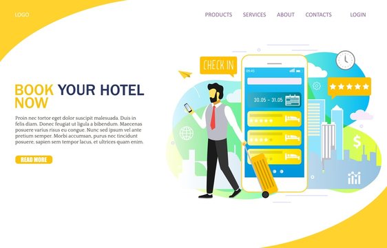 Book hotel online landing page website vector template
