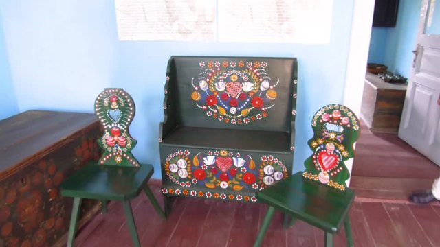 Beautiful design artifact in the Saxon house cultural museum center in  Livezile, Transylvania Romania
(gimbal shot) (reveal shot)