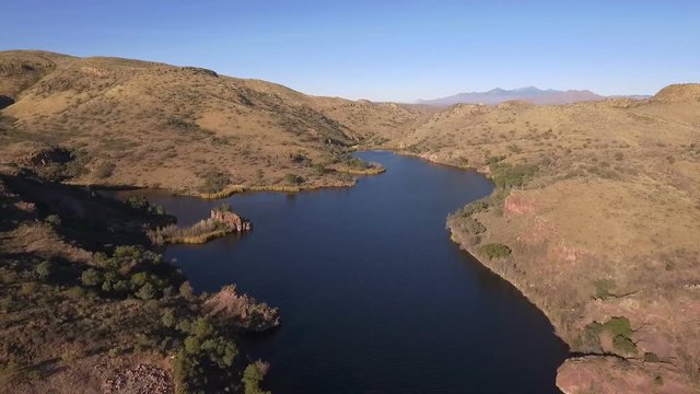 Aerial of a desert lake with recreational facilities