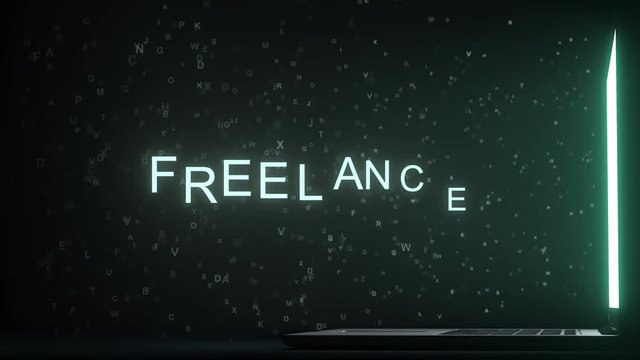 FREELANCE text appearing near laptop screen. Conceptual 3D animation