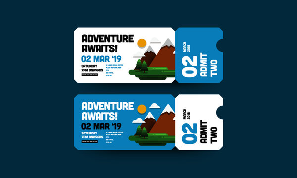 Adventure Awaits Mountains With Trees Clouds and Sun  Invitation Design with Where and When Details