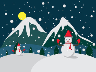 Merry Christmas Snowman in hat and glove red on winter night background  Vector