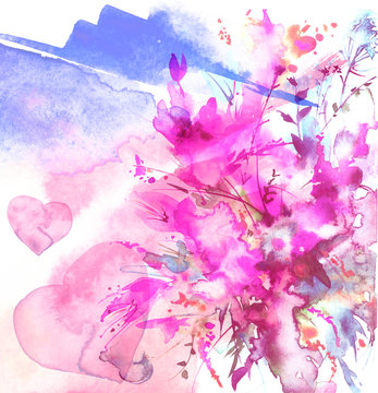 Watercolor bouquet of flowers, Beautiful abstract splash of paint, fashion illustration. Orchid flowers, poppy, cornflower, pink, purple, peony, rose, field or garden flowers. Watercolor abstract. © helgafo