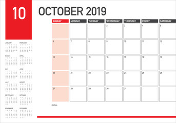 October 2019 monthly calendar vector illustration