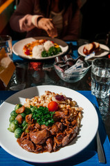 Gourmet Venison goulash Emince Zurichoise with grill Brussel sprouts and garnish