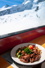 Gourmet Venison goulash Emince Zurichoise with grill Brussel sprouts and garnish