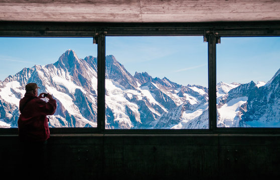 Panoramic view of  Eiger and Monch peaks from Eiger tunnel, Switzerland