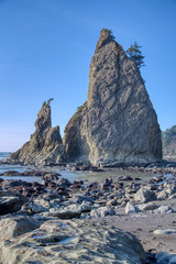 Sea stacks at Rialto Beach, Washington, on Washington's Pacific coast.