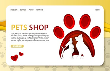 Vector paper cut pets shop landing page website template