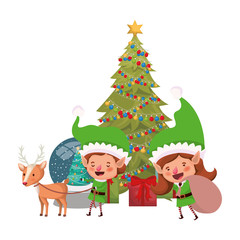 Obraz na płótnie Canvas couple of elves with christmas tree