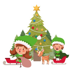 Obraz na płótnie Canvas couple of elves with christmas tree