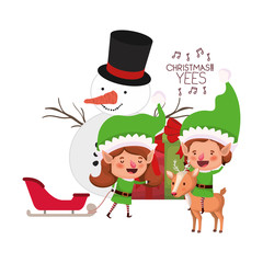 Obraz na płótnie Canvas couple of elves with gift box and snowman