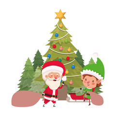 Obraz na płótnie Canvas santa claus and elf with christmas tree