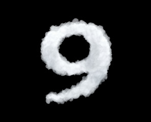 3d rendering of thick white cloud '9' number on black background