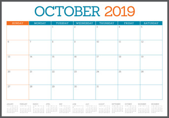 October 2019 monthly calendar vector illustration