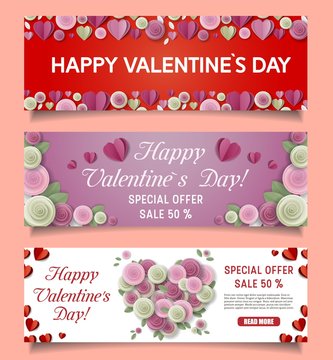 Vector paper cut Happy Valentines Day sale web banners