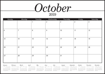 October 2019 monthly calendar vector illustration