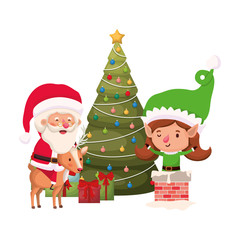santa claus and elf woman with christmas tree