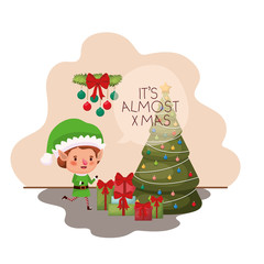 elf with christmas tree and gifts