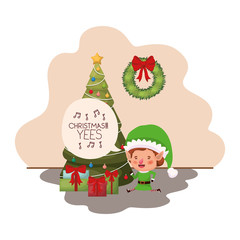 elf with christmas tree and gifts