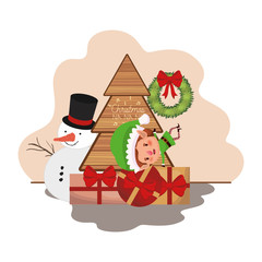 elf with christmas tree and snowman