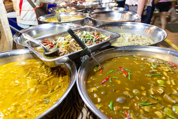 Thai street foods, Thai foods style Rice and Curry at market Bangkok of Thailand.