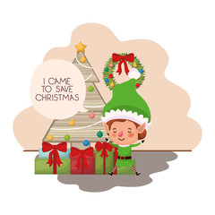 elf with christmas tree and gifts