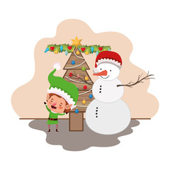 elf with snowman and christmas tree