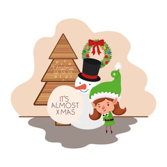 elf woman with christmas tree and snowman