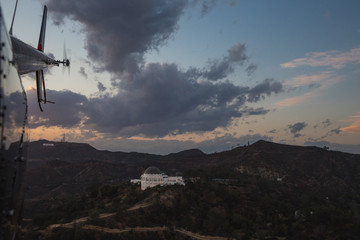 sunset view of Griffith Observatory from helicopter