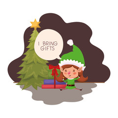 elf woman with christmas tree and gifts