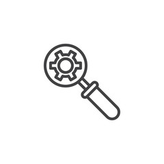 Fototapeta premium Magnifier with cogwheel outline icon. linear style sign for mobile concept and web design. Search gear simple line vector icon. SEO symbol, logo illustration. Pixel perfect vector graphics