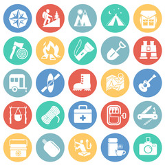 Camping icons set on color circles background for graphic and web design, Modern simple vector sign. Internet concept. Trendy symbol for website design web button or mobile app