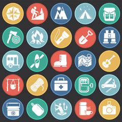 Camping icons set on color circles black background for graphic and web design, Modern simple vector sign. Internet concept. Trendy symbol for website design web button or mobile app