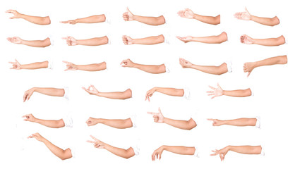 Multiple female caucasian hand gestures isolated over the white background, set of multiple images - Powered by Adobe