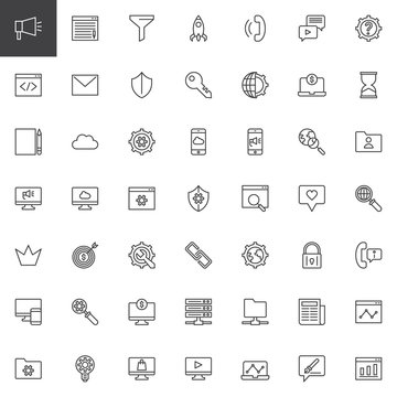 Marketing and SEO outline icons set. linear style symbols collection, line signs pack. vector graphics. Set includes icons as Blogging, Funnel, Startup, Phone call, Coding, Mail, Search engine, Server