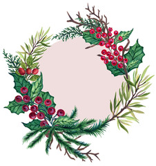 Watercolor Gouache vintage retro hand painted Christmas wreath frame decorative fir tree branches for winter holidays card poster