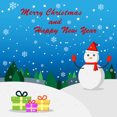 Snowman and gift box with falling snow merry christmas and happy new year,vector design.
