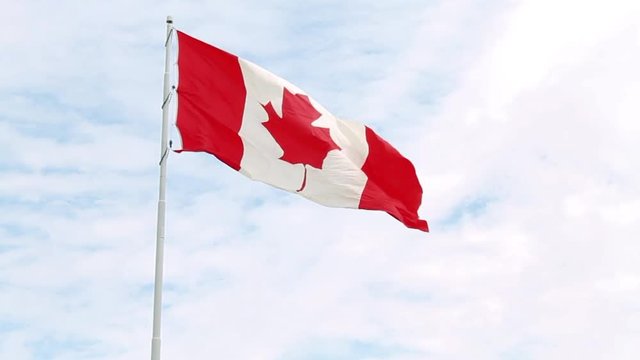Canadian flag in a blue sky, blowing on a windy day.  720P 60 FPS.